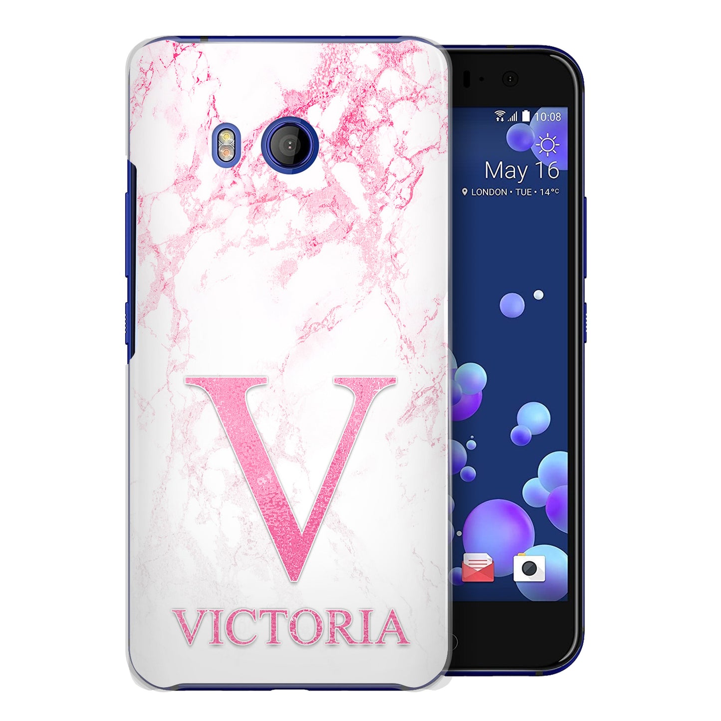 Personalised HTC Hard Case - Pink Marble & Pink Initial/Name