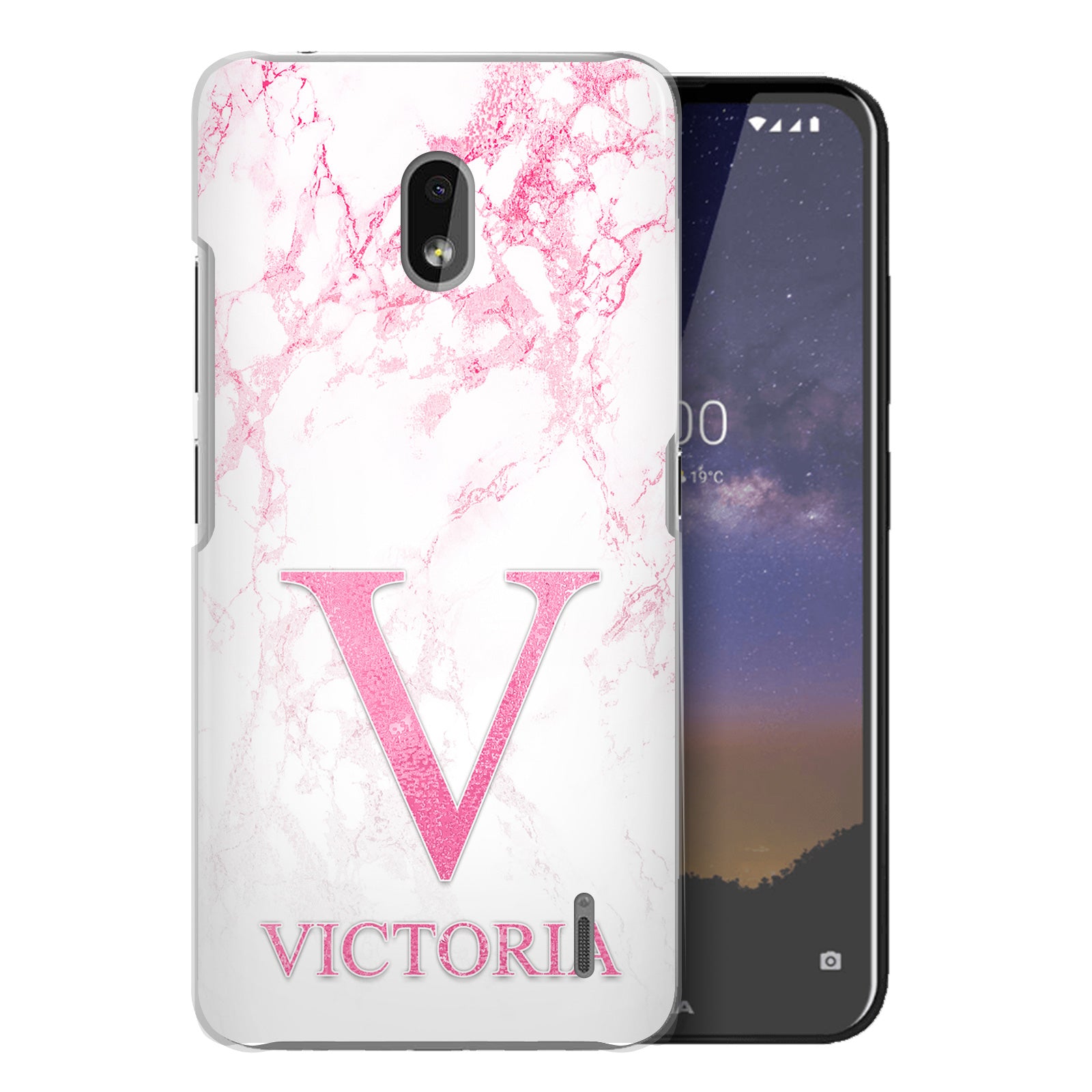 Personalised Nokia Hard Case - Pink Marble & Pink Initial/Name