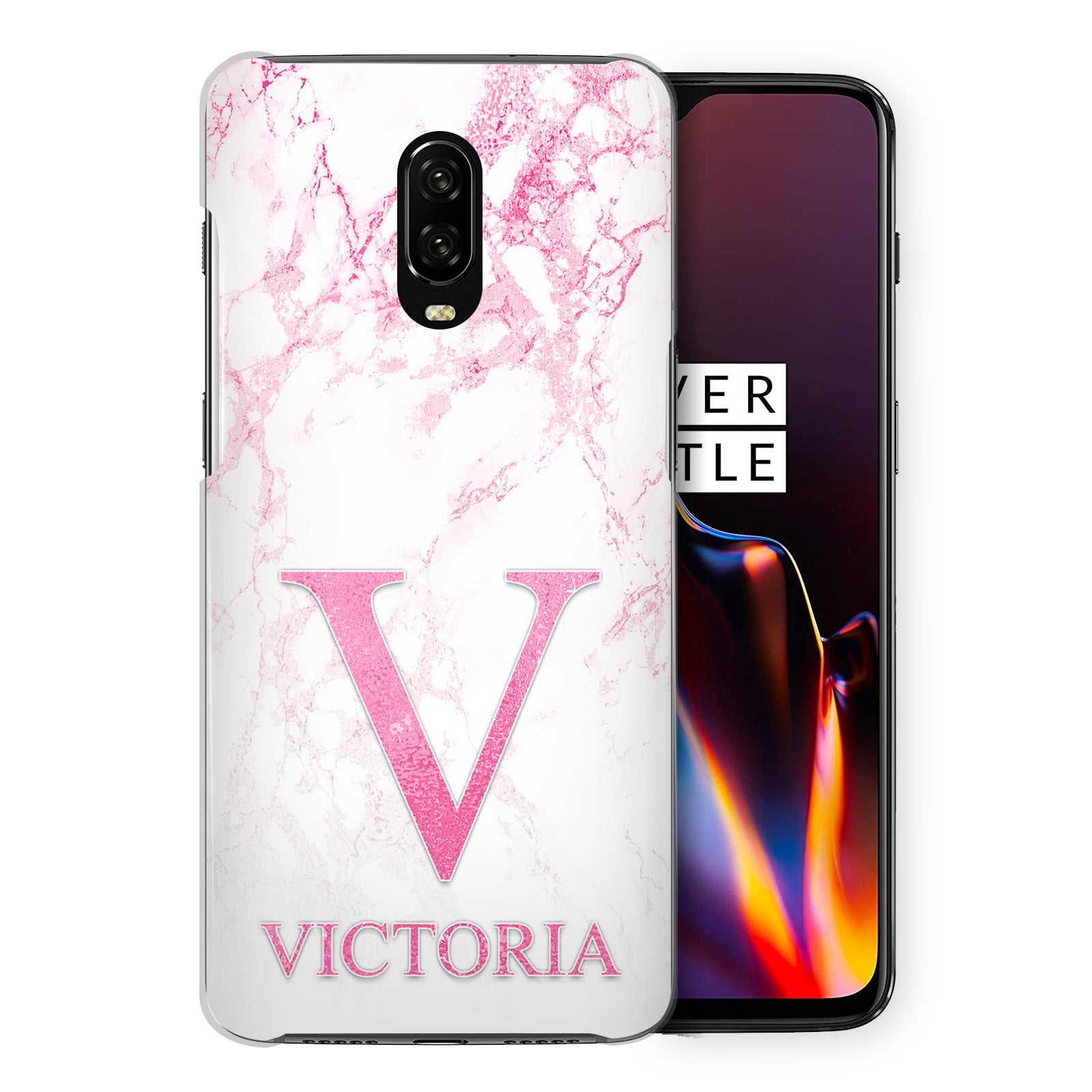 Personalised OnePlus Hard Case - Pink Marble & Pink Initial/Name