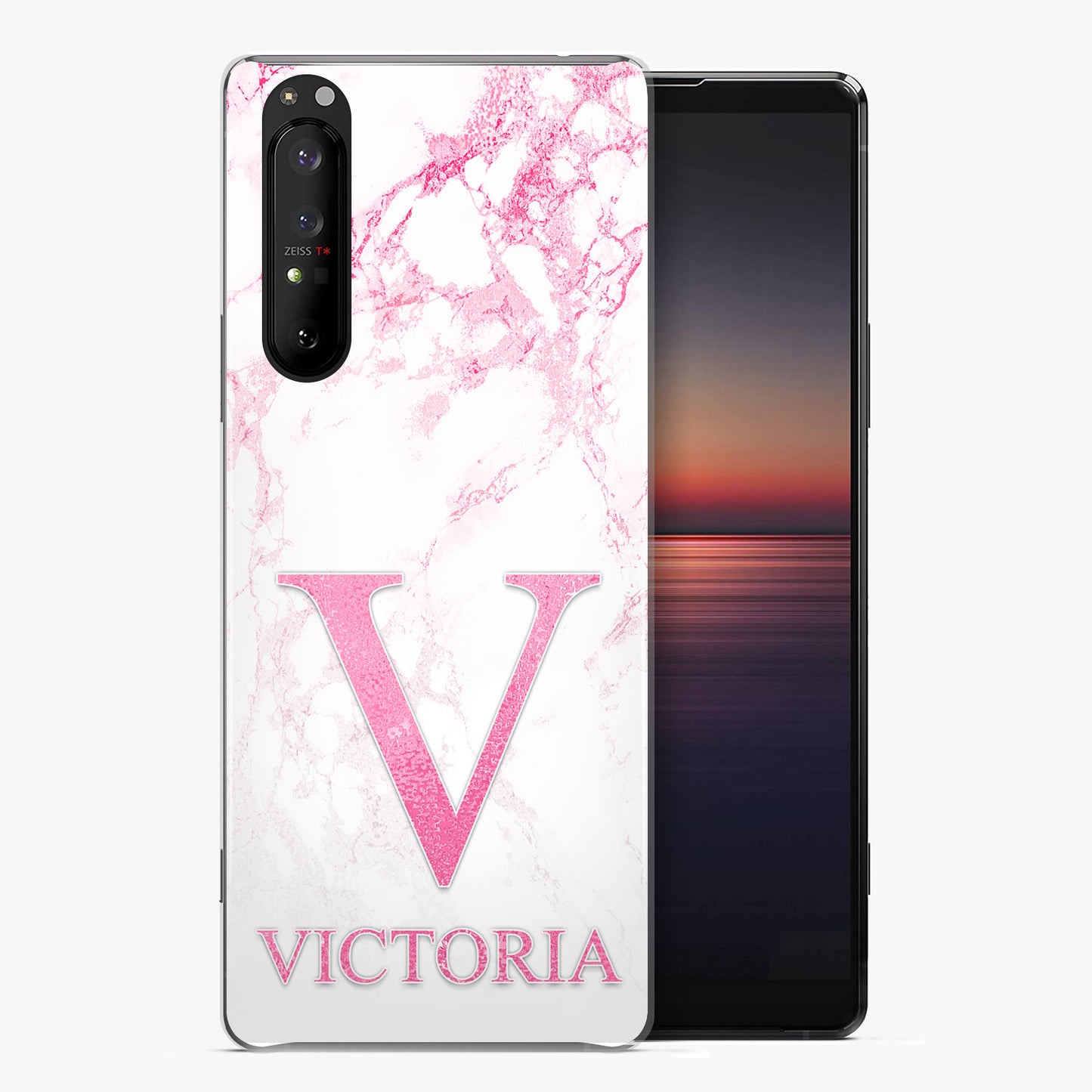 Personalised Sony Hard Case - Pink Marble & Pink Initial/Name
