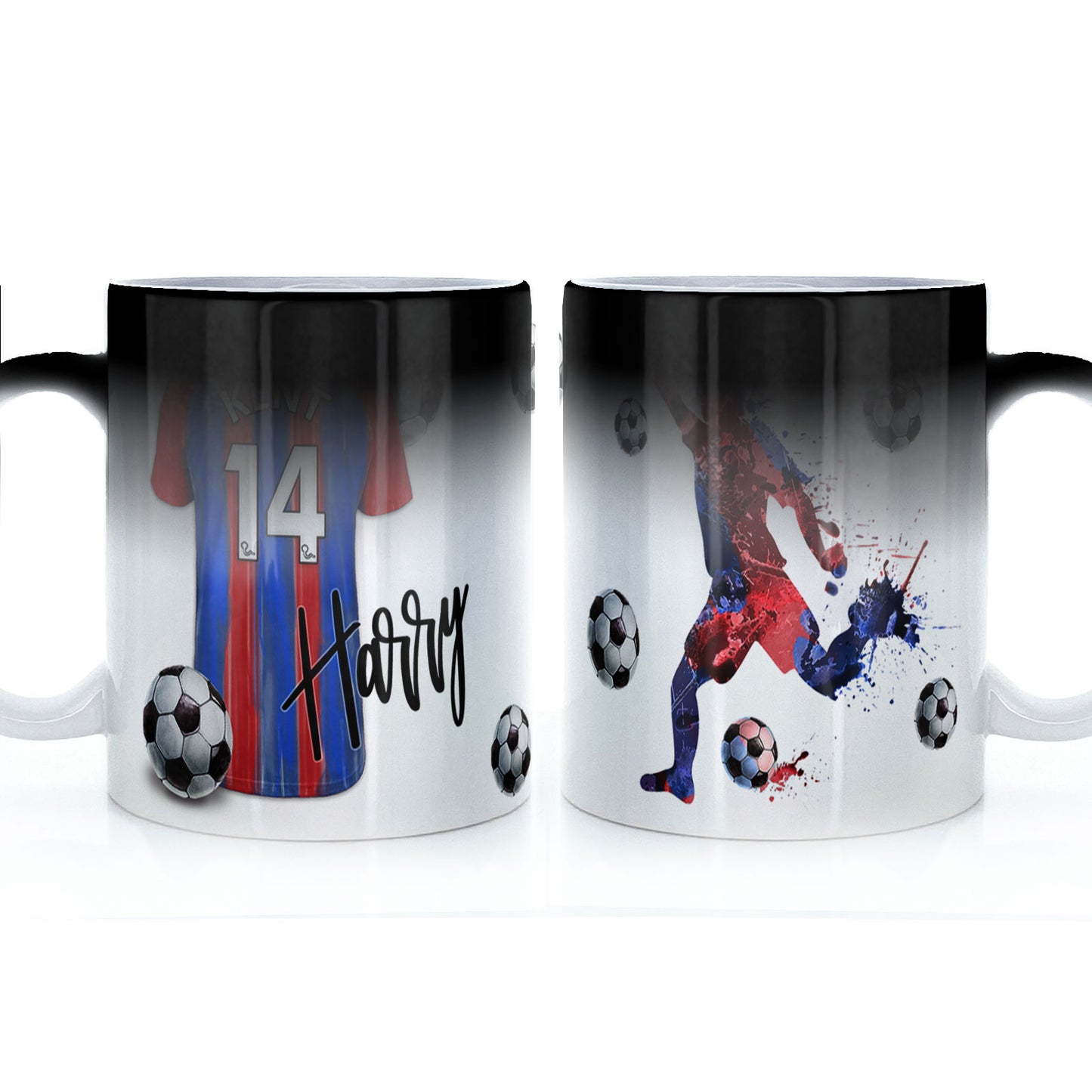 Personalised Mug with Stylish Text and Red & Blue Striped Shirt with Name & Number