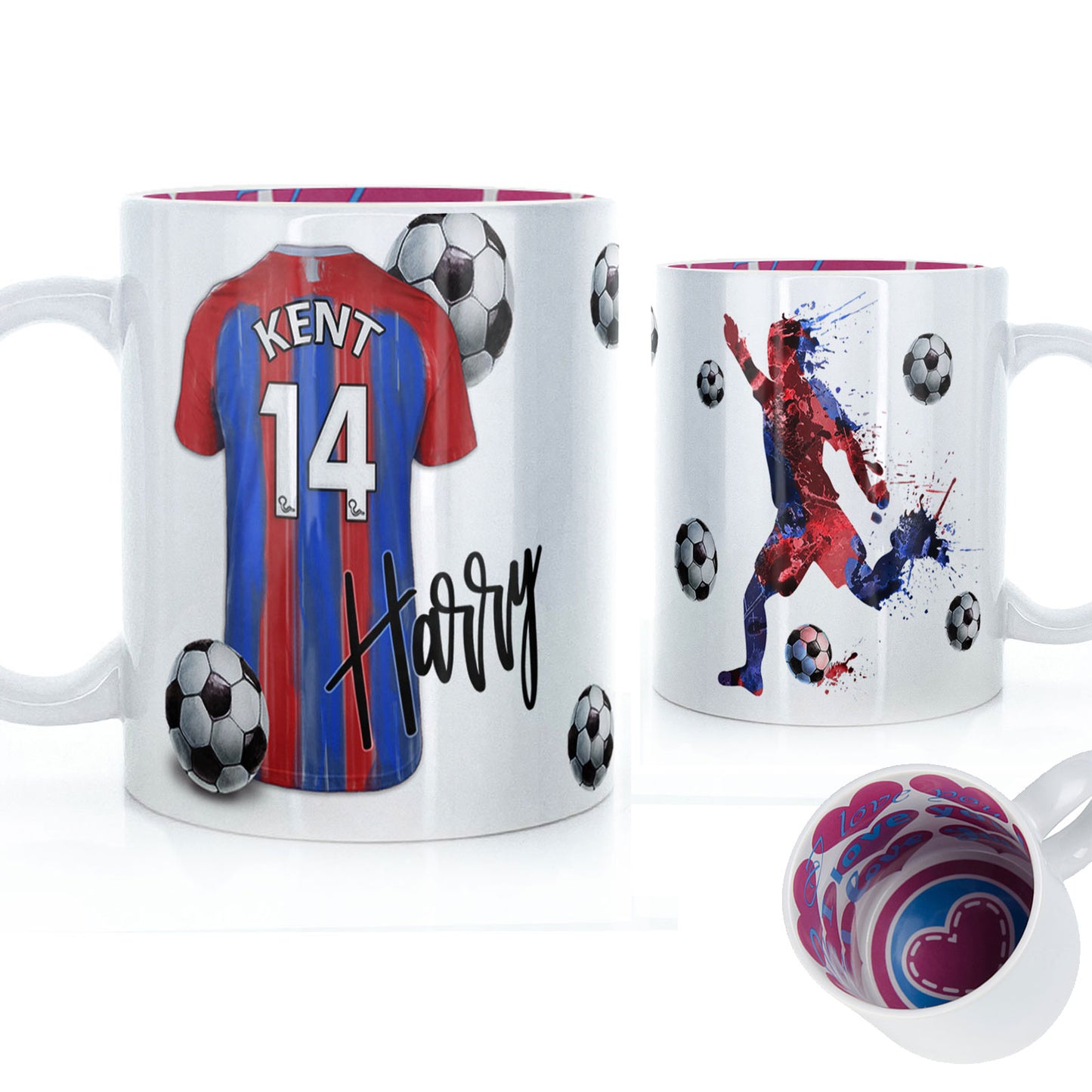 Personalised Mug with Stylish Text and Red & Blue Striped Shirt with Name & Number