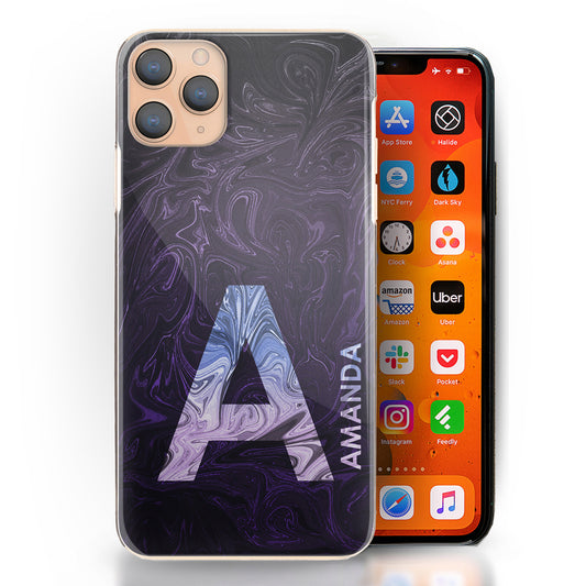 Personalised Motorola Phone Hard Case with Blue Lilac Gradient Text and Initial on Dark Purple Swirled Marble