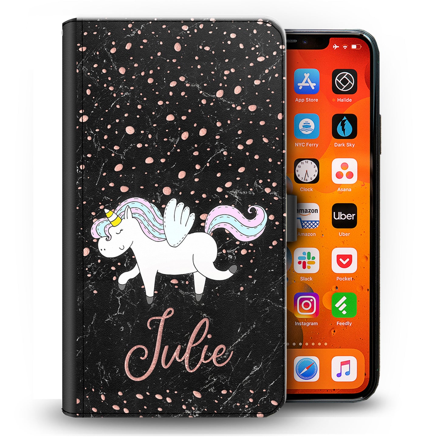Personalised LG Phone Leather Wallet with Winged Unicorn and Pink Text on Black Marble 