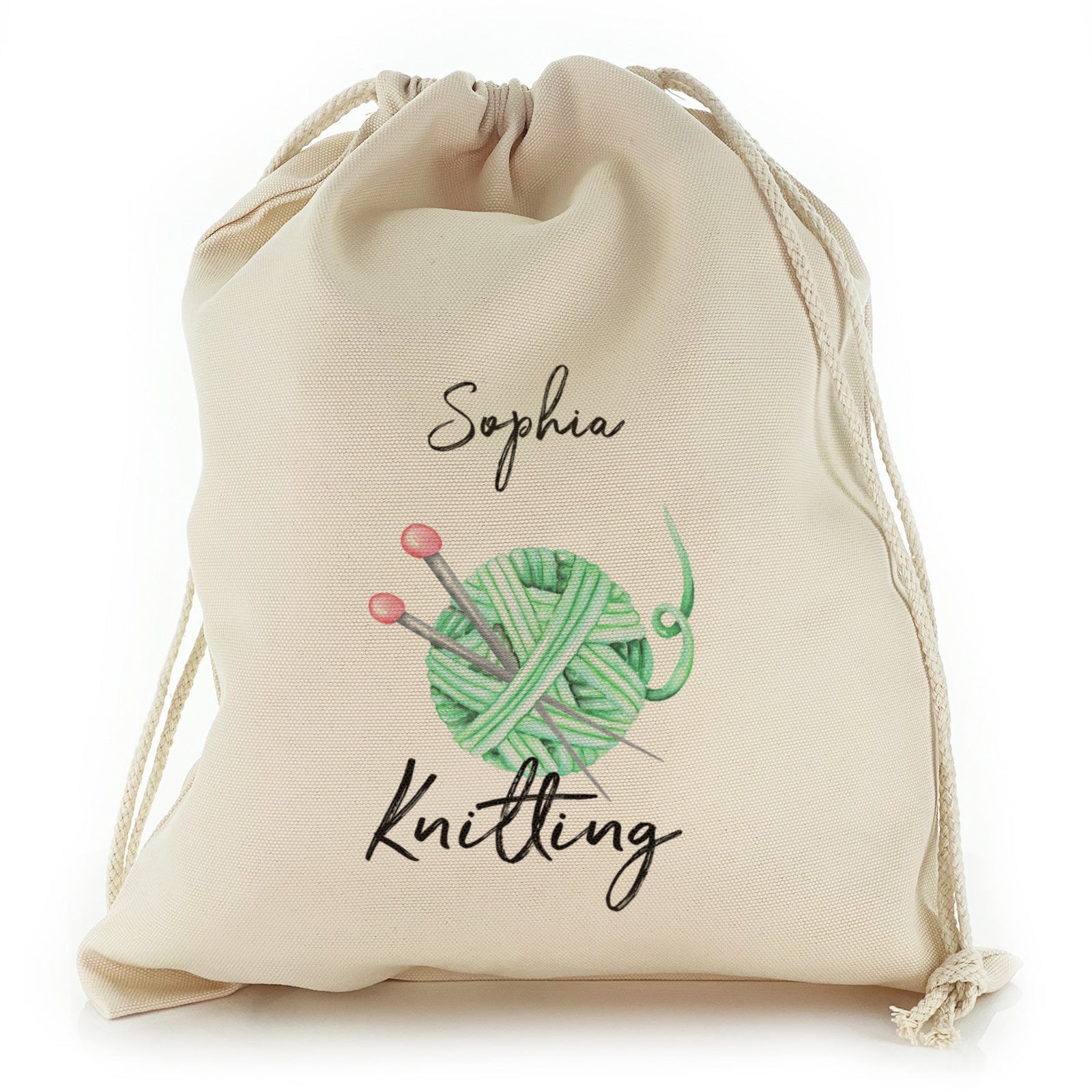 Personalised Canvas Sack with Stylish Text on Green Yarn Ball and Needles Design