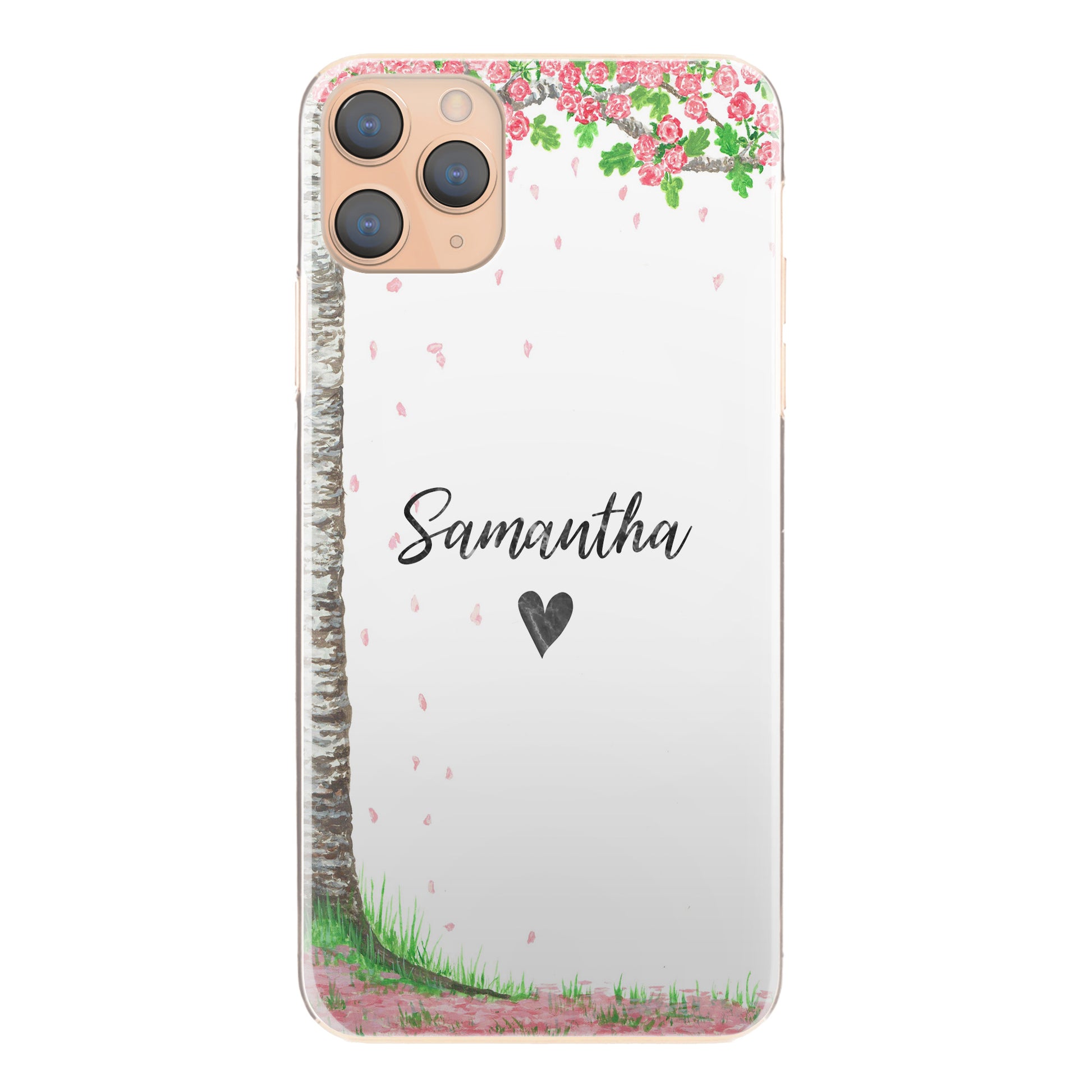 Personalised Huawei Phone Hard Case with Pink Flower Tree and Heart Accented Text
