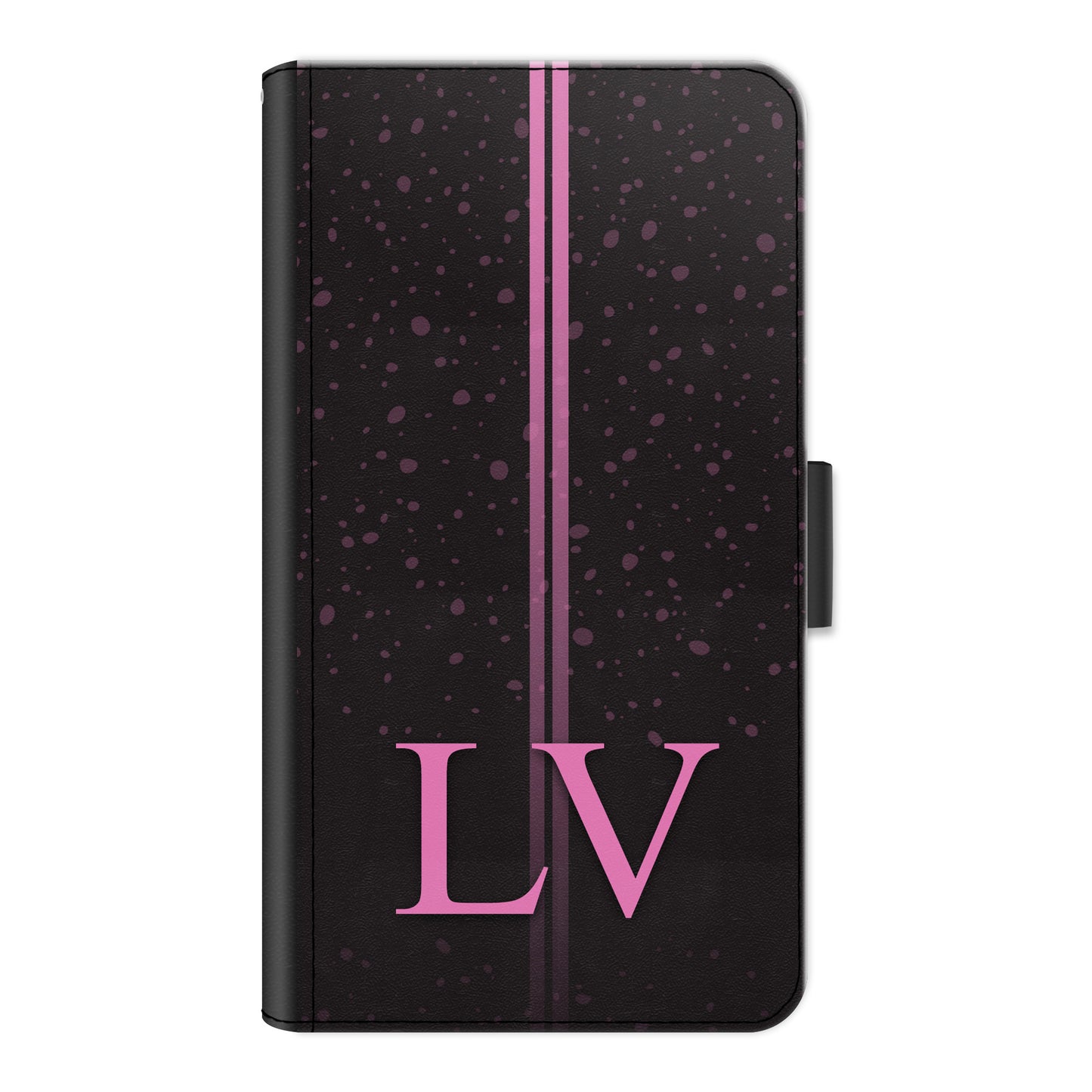 Personalised Sony Phone Leather Wallet with Pink Initials, Pin Stripes and Droplets on Black