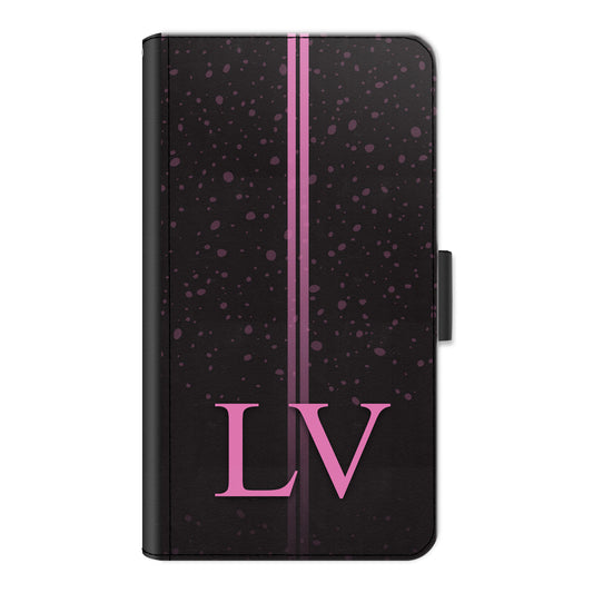 Personalised Motorola Phone Leather Wallet with Pink Initials, Pin Stripes and Droplets on Black