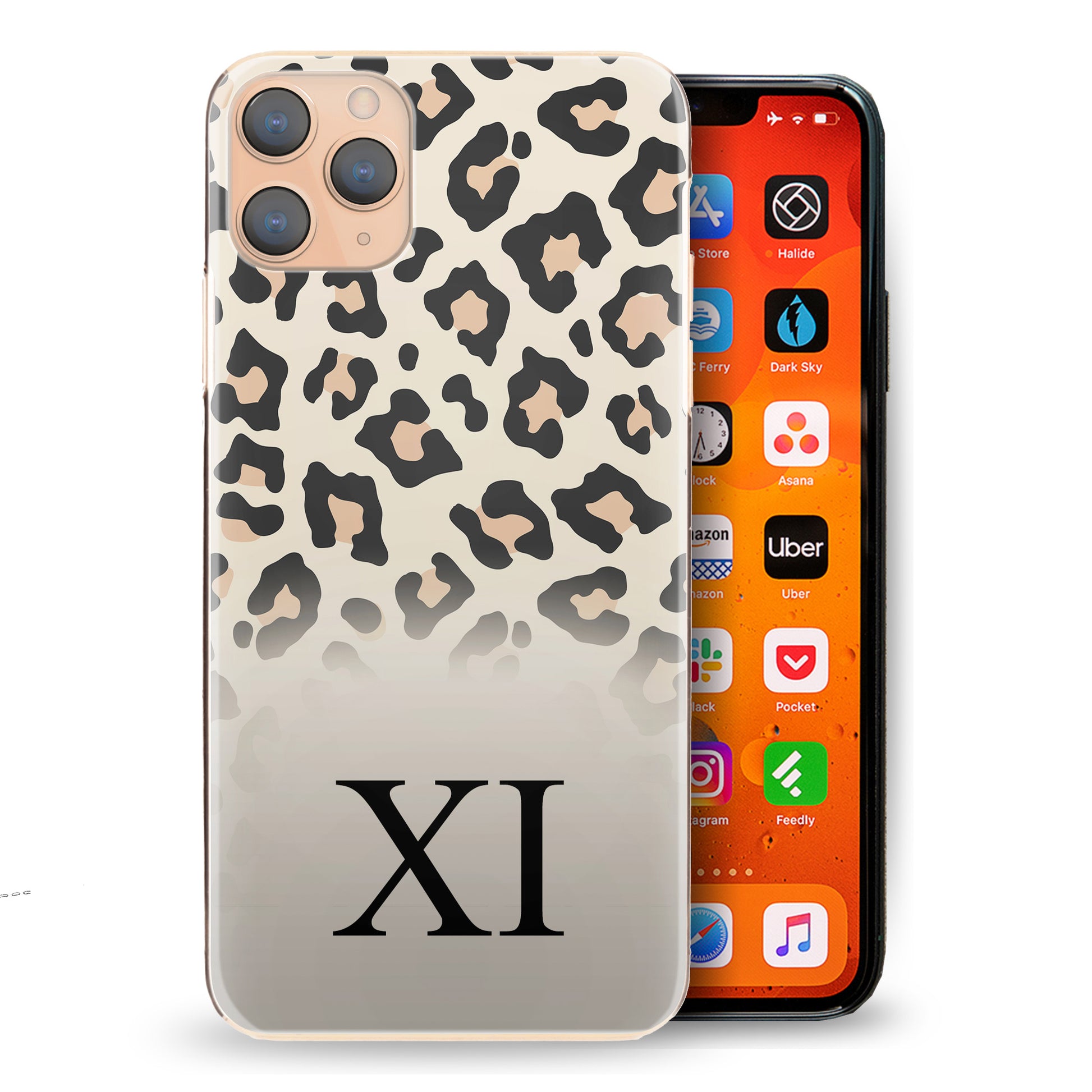 Personalised One Phone Hard Case Black Initial on White Leopard Print