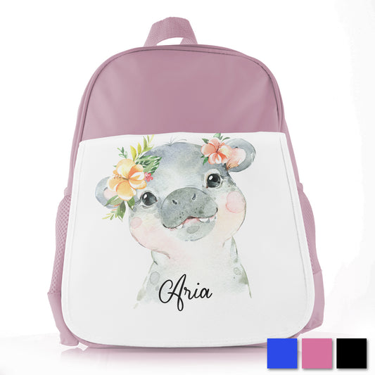 Personalised Hippo Peach Flowers Kids School Bag/Rucksack