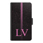 Personalised LG Phone Leather Wallet with Pink Initials, Pin Stripes and Droplets on Black