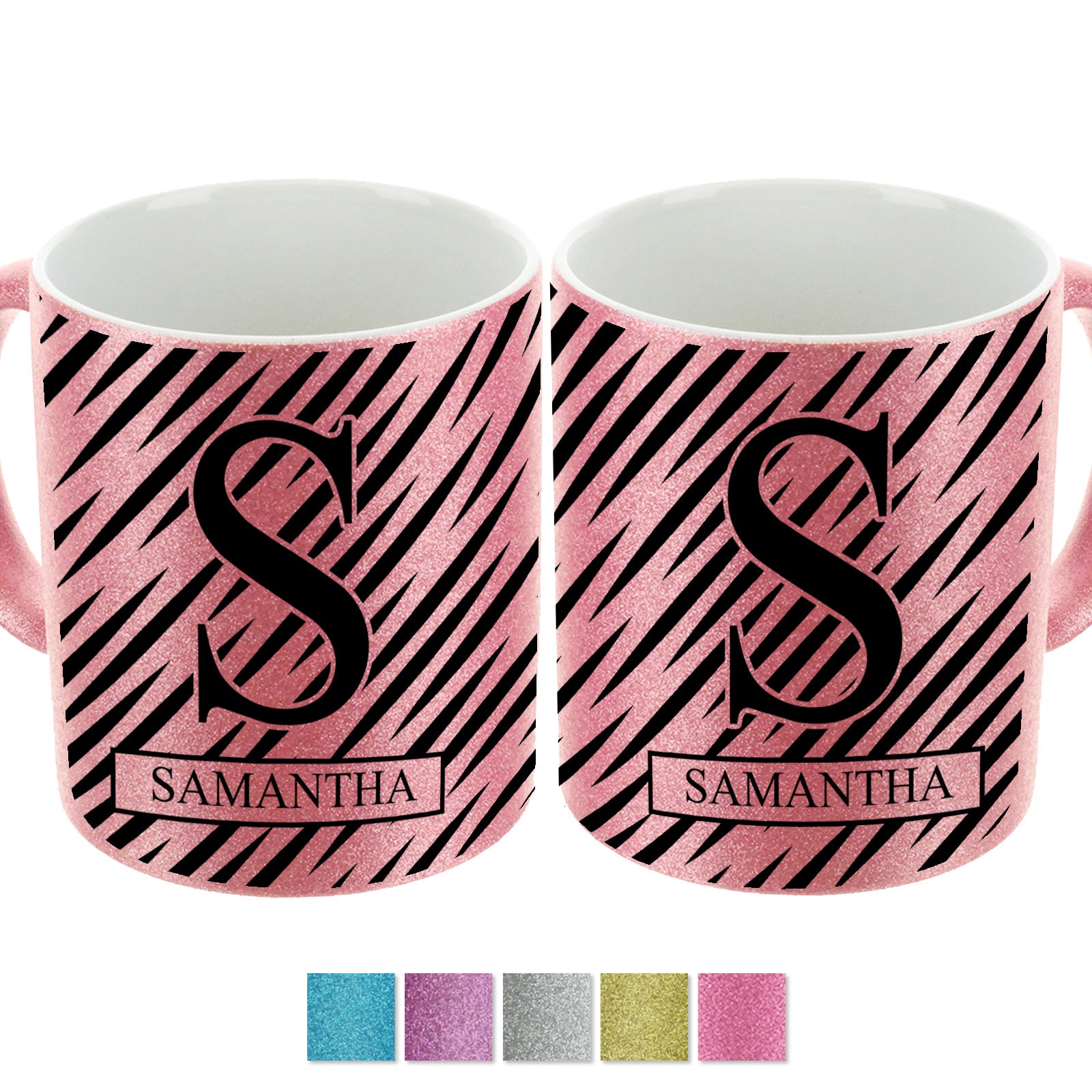 Personalised Glitter Mug with Traditional Name and Block Initial on Stripes