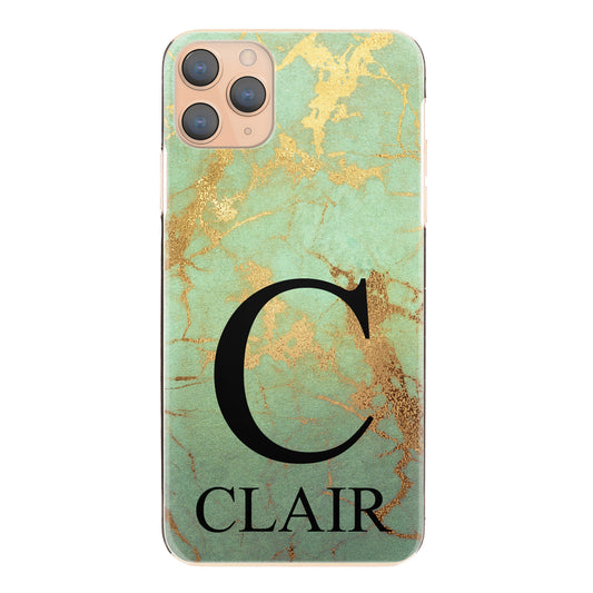 Personalised One Plus Phone Hard Case with Monogram and Text on Gold Infused Green Marble