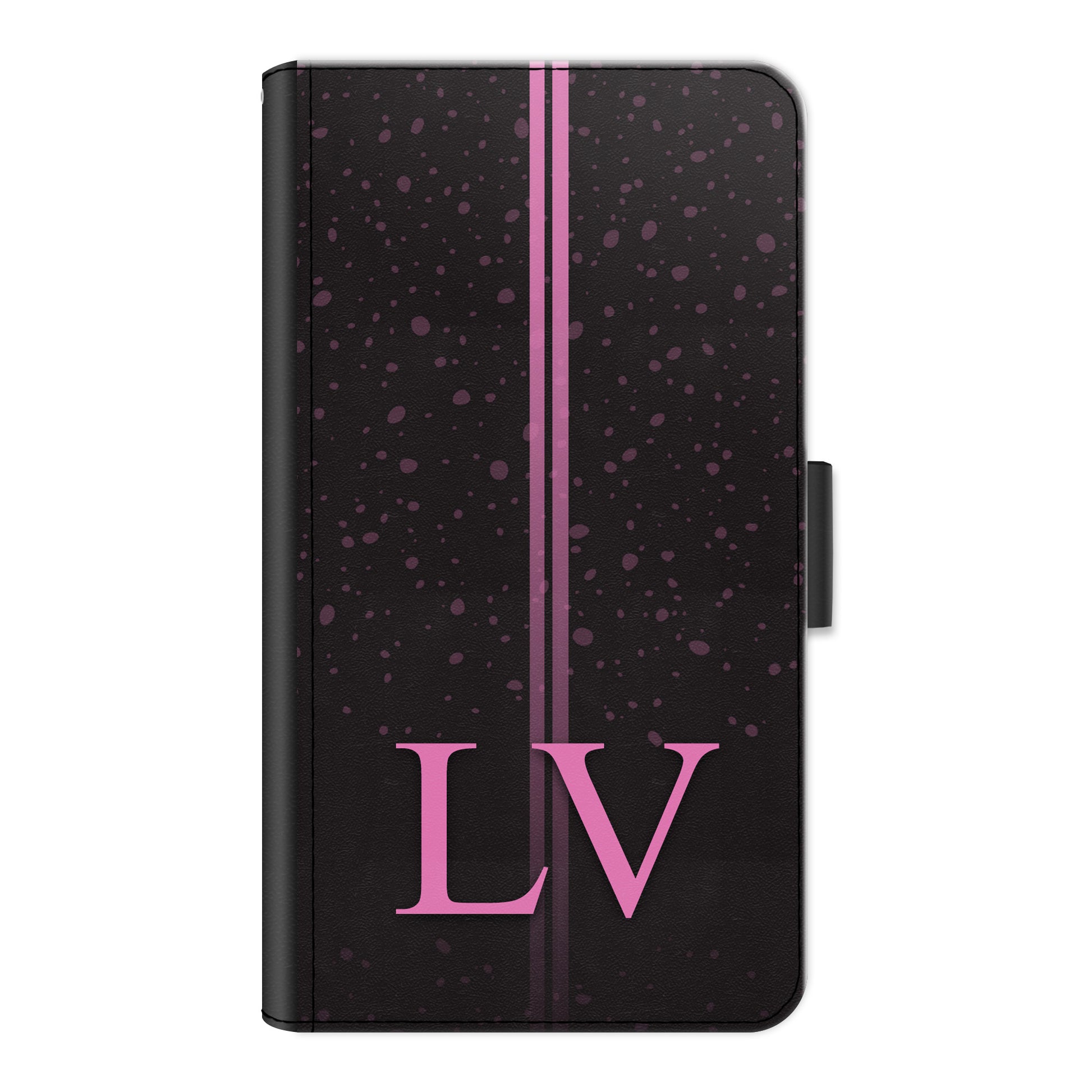 Personalised Xiaomi Phone Leather Wallet with Pink Initials, Pin Stripes and Droplets on Black
