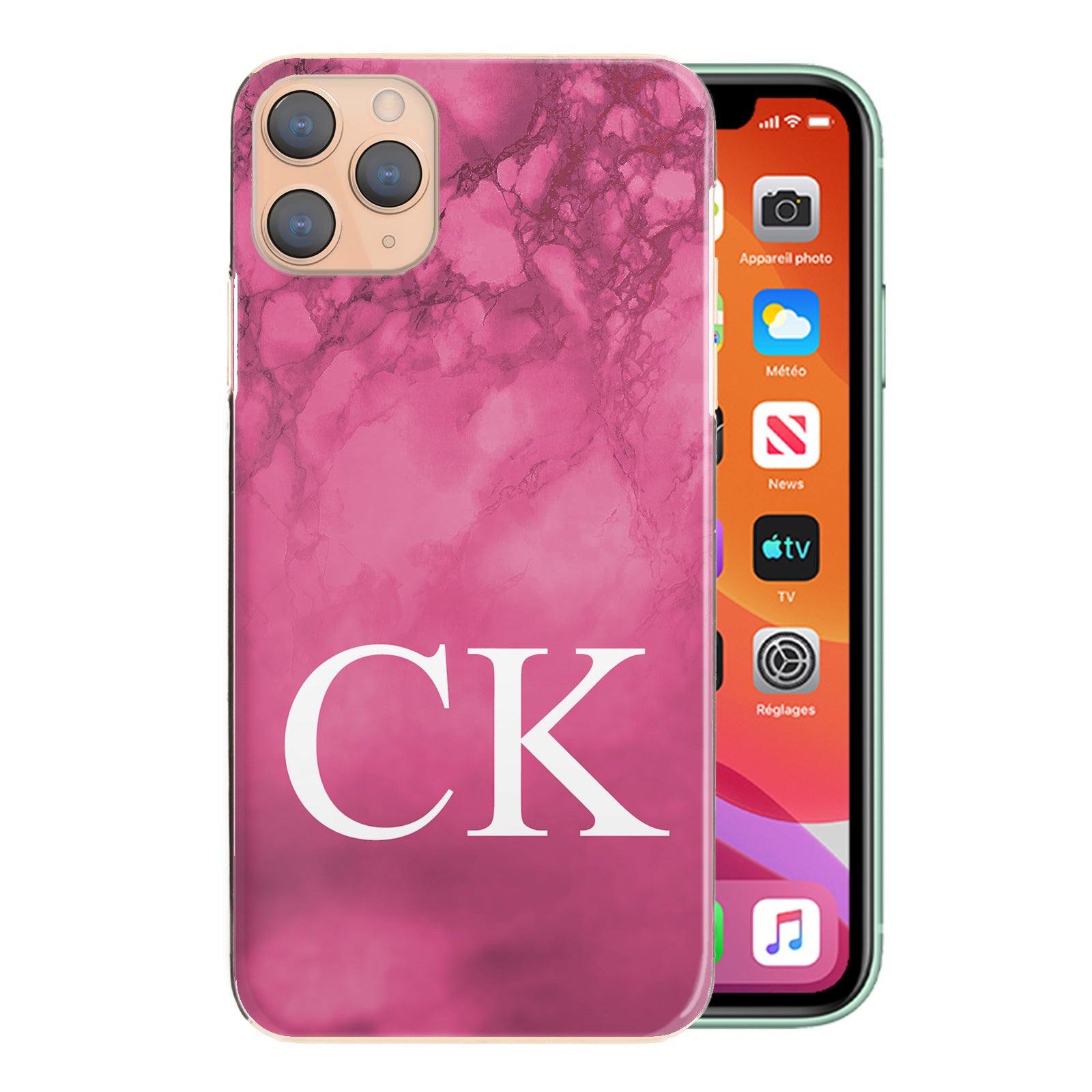 Personalised Apple iPhone Hard Case - Hot Pink Marble & White Monogram