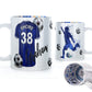 Personalised Mug with Stylish Text and White & Blue Stripes Shirt with Name & Number