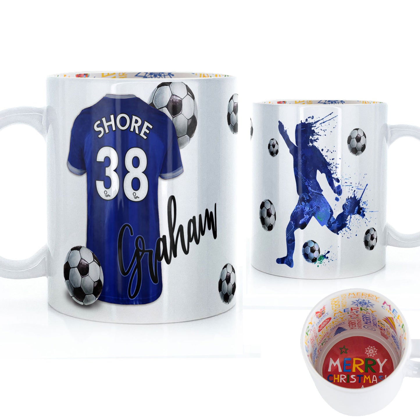 Personalised Mug with Stylish Text and White & Blue Stripes Shirt with Name & Number