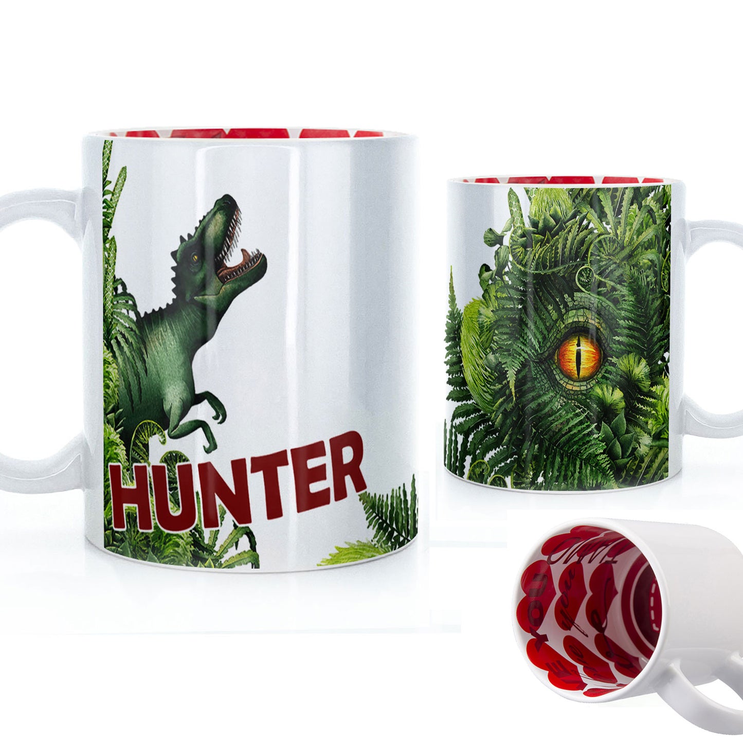 Personalisierte Tasse mit rotem, kräftigem Text und Triceratops