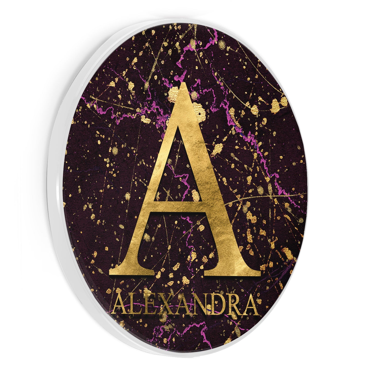 Personalised Wireless Charger with Gold Monogram and Text on Pink and Gold Infused Black Marble
