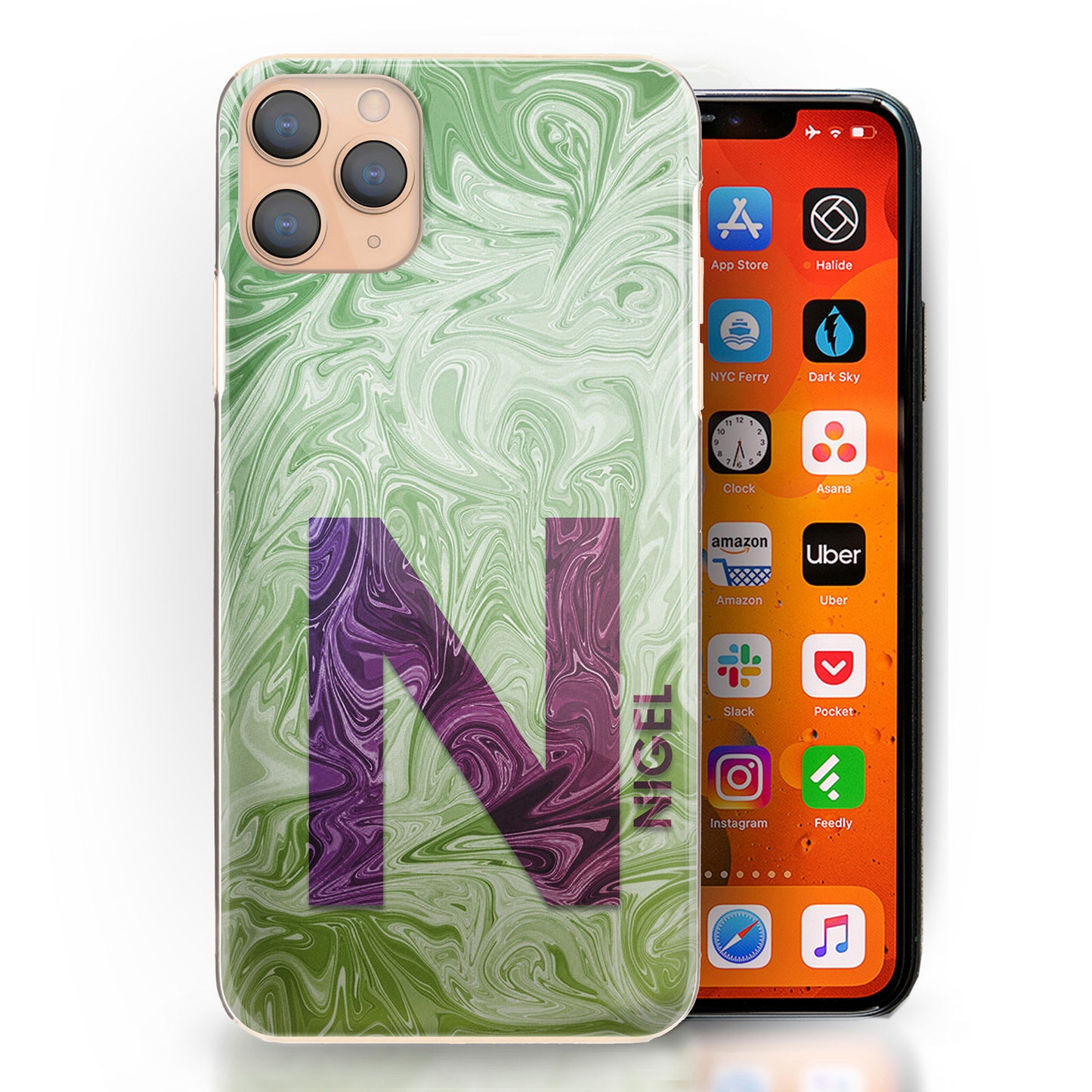 Personalised Oppo Phone Hard Case with Purple Text and Initial on Green Swirled Marble