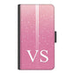 Personalised Samsung Galaxy Phone Leather Wallet with White Initials, Pin Stripes and Droplets on Pink