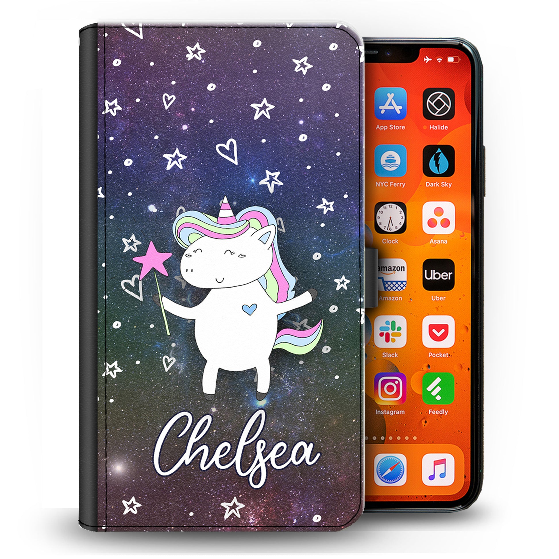 Personalised One Phone Leather Wallet with Magic Unicorn and Name on Stars and Hearts Galaxy