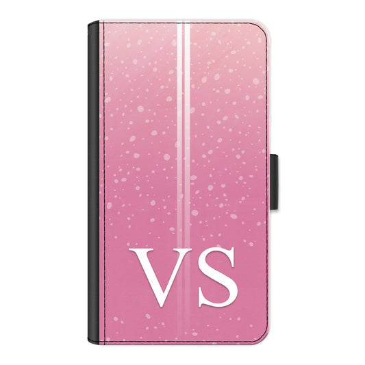 Personalised LG Phone Leather Wallet with White Initials, Pin Stripes and Droplets on Pink