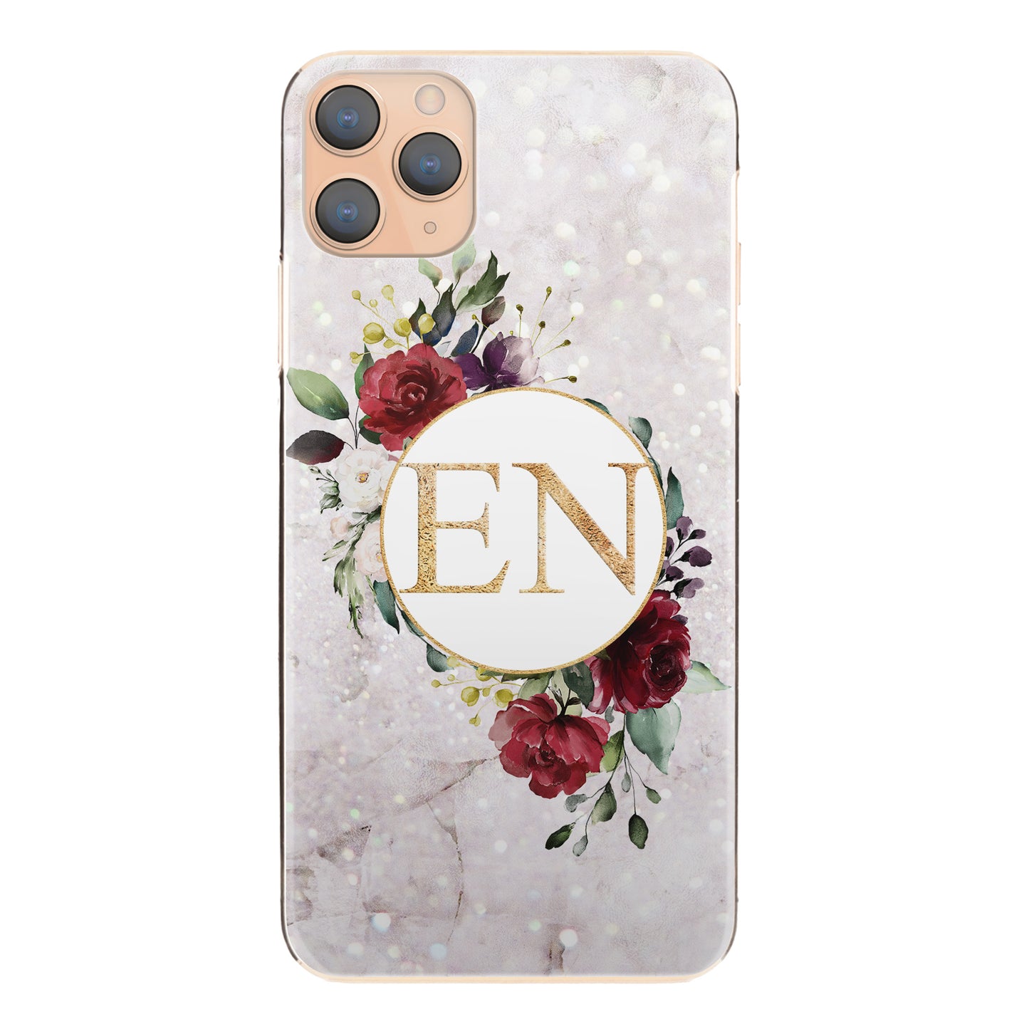 Personalised Apple iPhone Hard Case with Floral Gold Initials on Crystal Marble