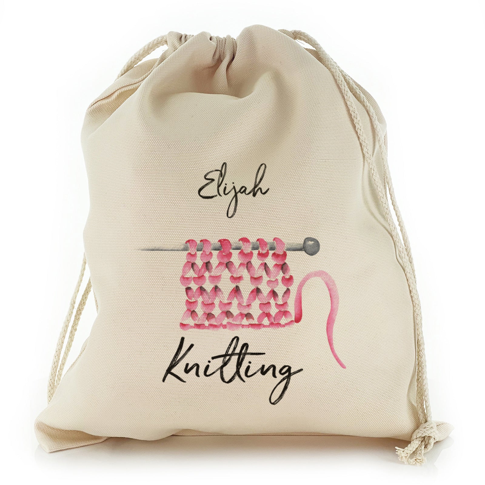 Personalised Canvas Sack with Stylish Text on Pink Knitted Yarn Design