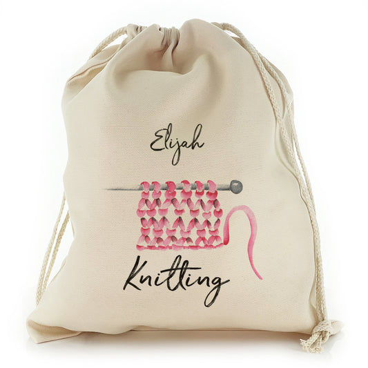 Personalised Canvas Sack with Stylish Text on Pink Knitted Yarn Design