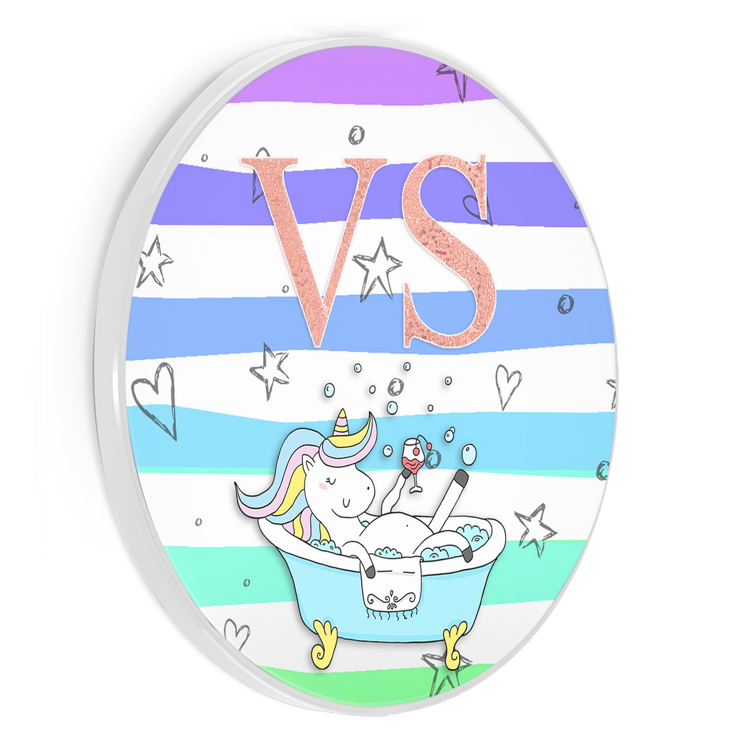 Personalised Wireless Charger with Bathtub Unicorn with Rainbow Stripes and Pink Monogram