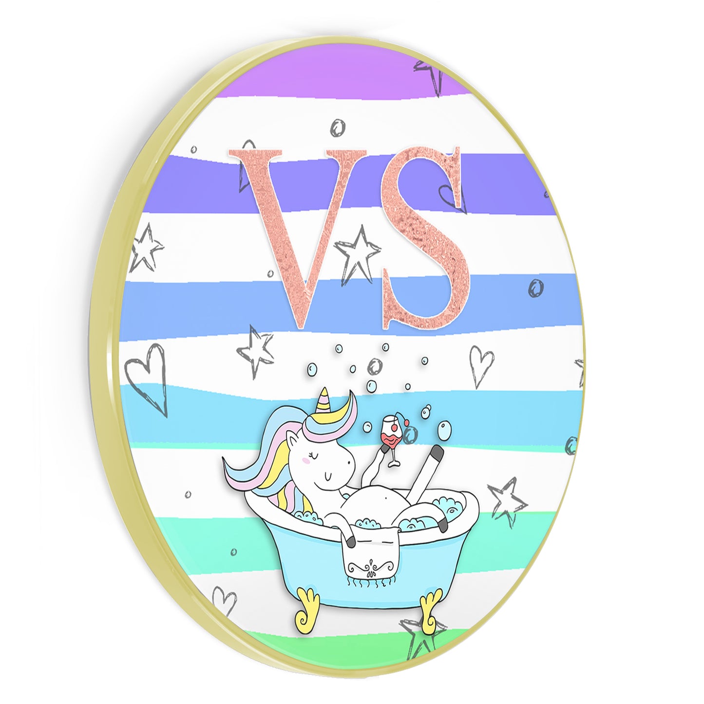 Personalised Wireless Charger with Bathtub Unicorn with Rainbow Stripes and Pink Monogram