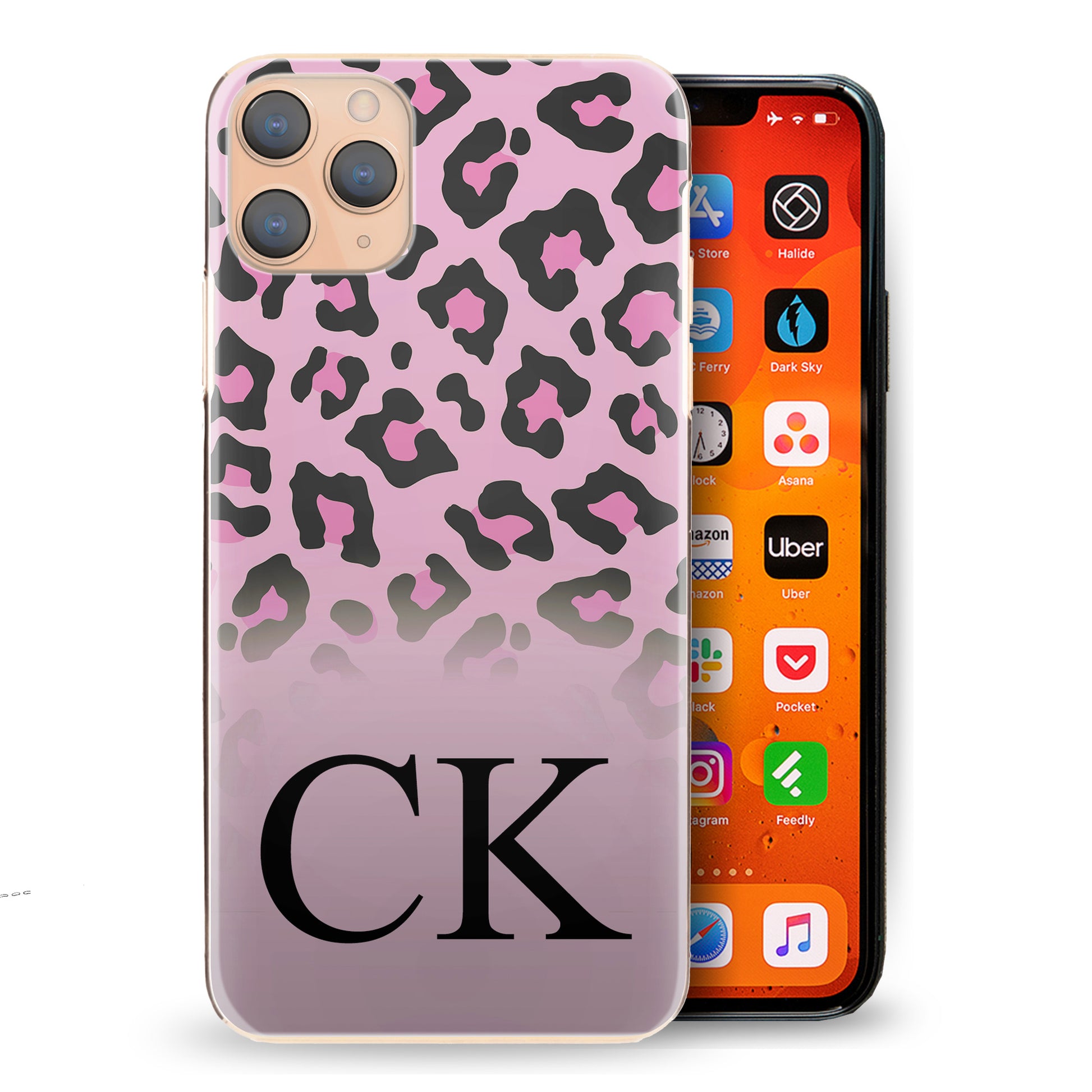 Personalised Huawei Phone Hard Case Black Initial on Pink Leopard Print