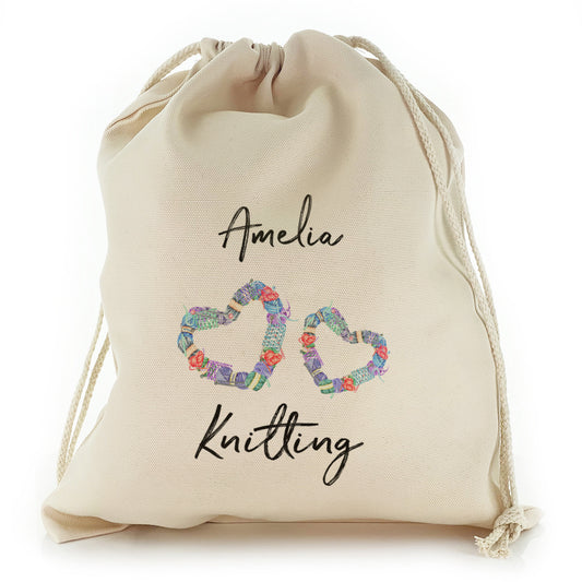 Personalised Canvas Sack with Stylish Text on Multicoloured Yarn Hearts Design