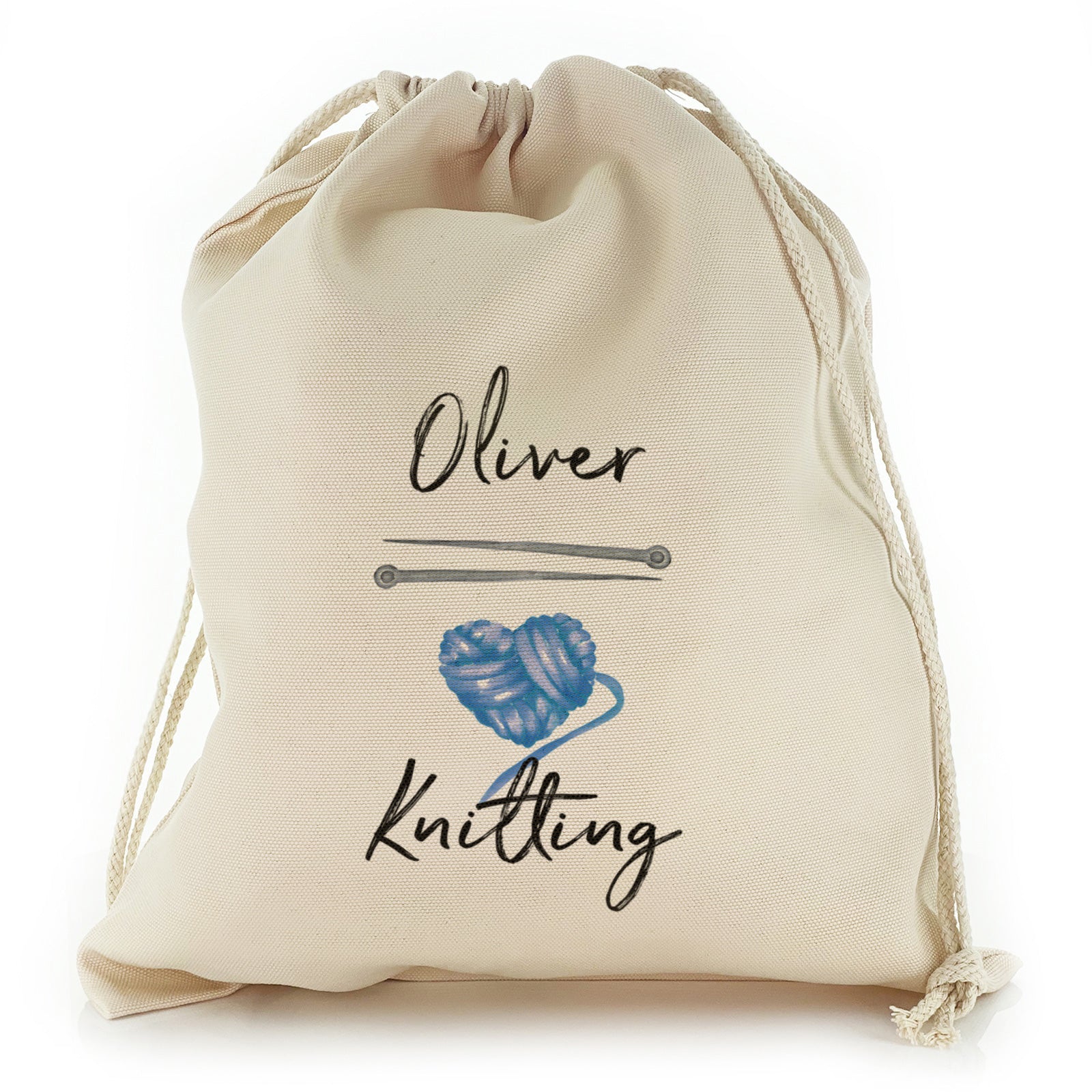 Personalised Canvas Sack with Stylish Text on Blue Yarn Heart and Needles Design