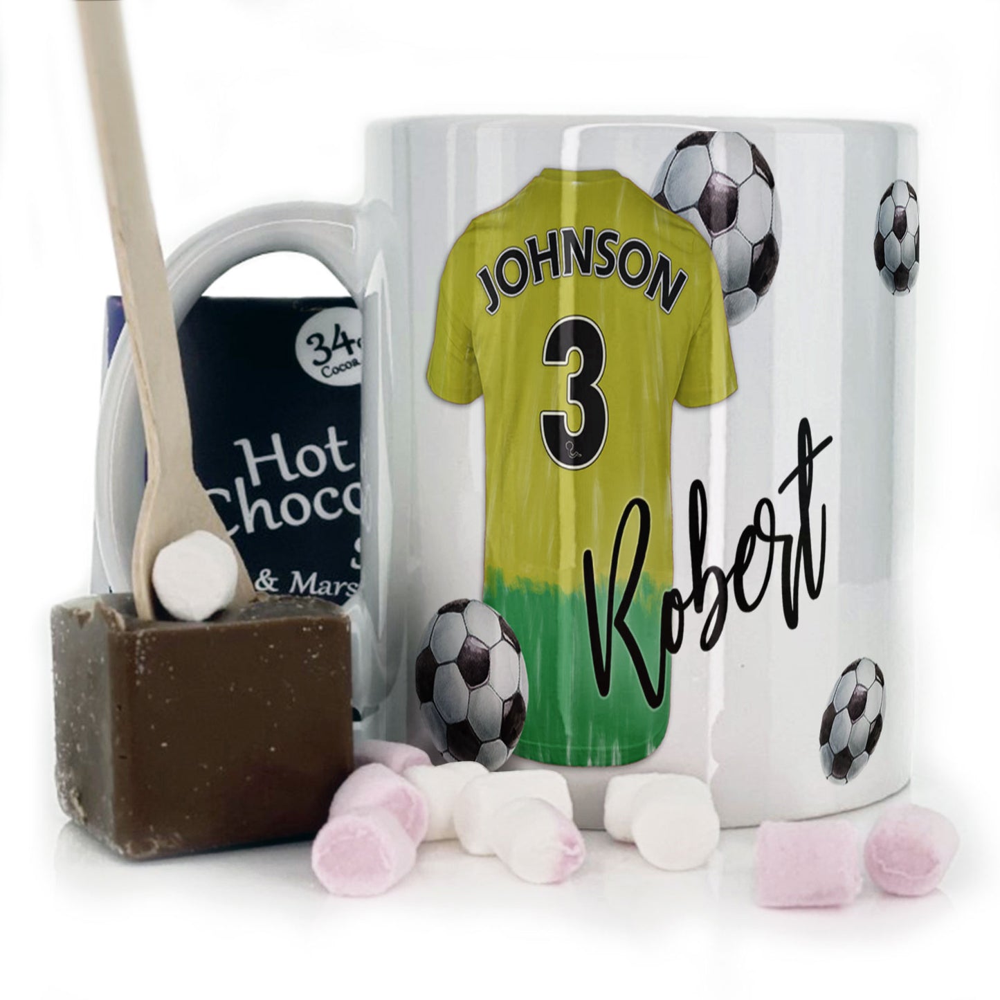 Personalised Mug with Stylish Text and Yellow & Green Shirt with Name & Number