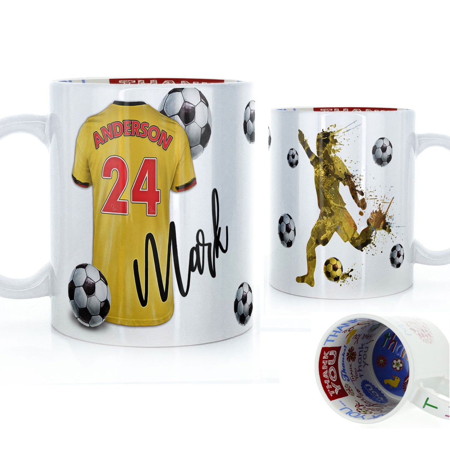 Personalised Mug with Stylish Text and Yellow Shirt with Red Name & Number