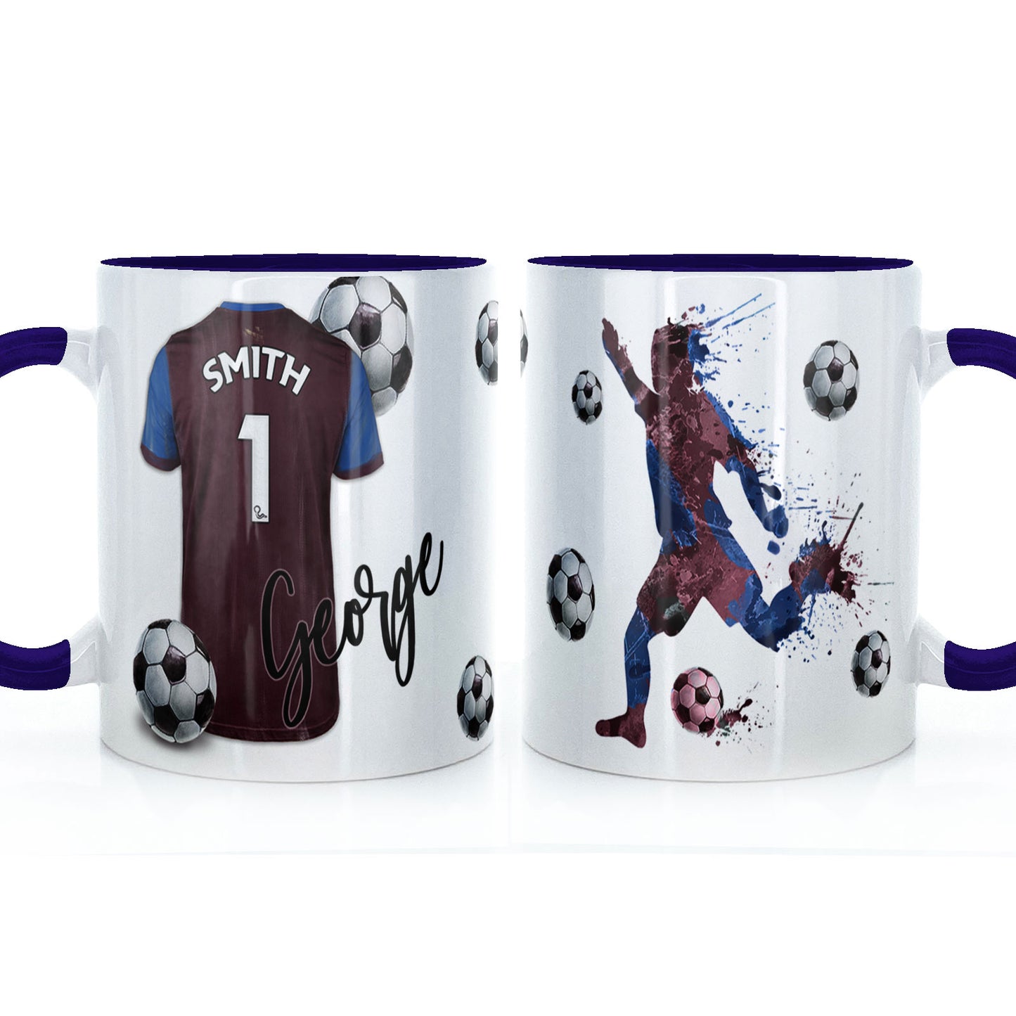 Personalised Mug with Stylish Text and Claret & Blue Shirt with Name & Number