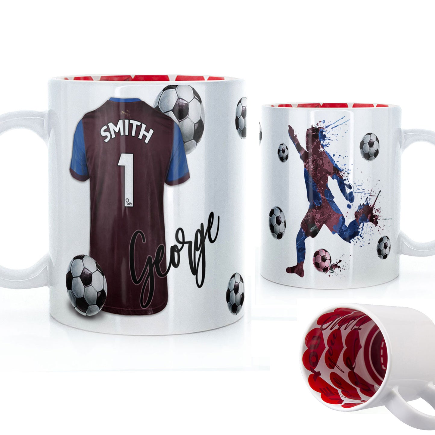 Personalised Mug with Stylish Text and Claret & Blue Shirt with Name & Number