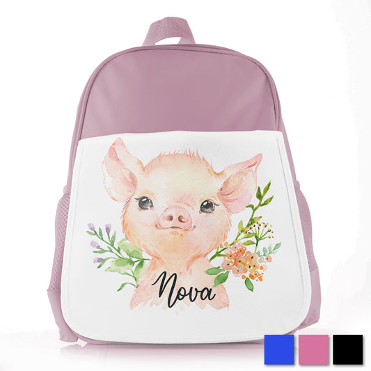 Personalised Pink Pig Flowers Kids School Bag/Rucksack