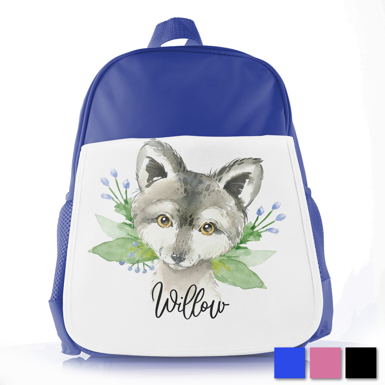 Personalised Wolf Blue Flowers Kids School Bag/Rucksack