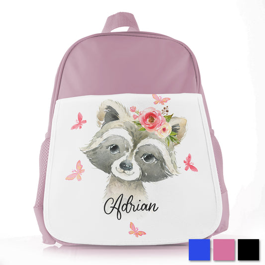 Personalised Raccoon Pink Flowers Kids School Bag/Rucksack