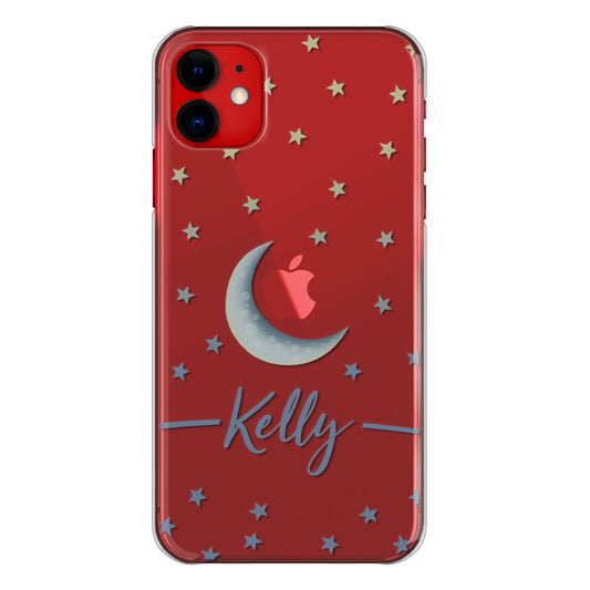 Personalised HTC Phone Hard Case with Crescent Moon, Stars and Stylish Grey Text