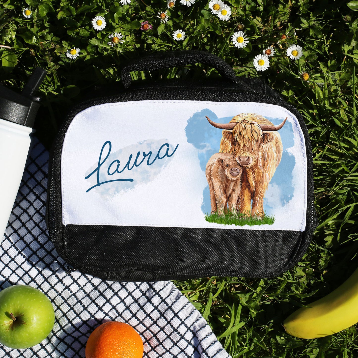 Personalised Kids Lunch Bag with Highland Cow & Custom Name