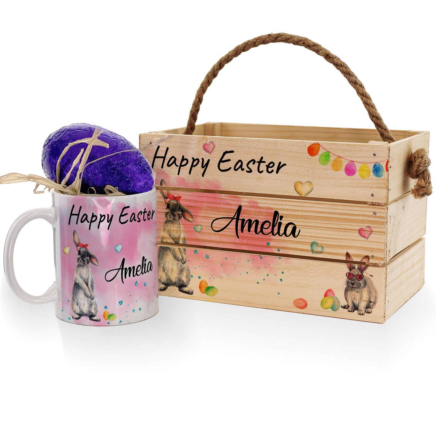 Personalisierter Osterkorb-Geschenkkorb mit rosa Hasen