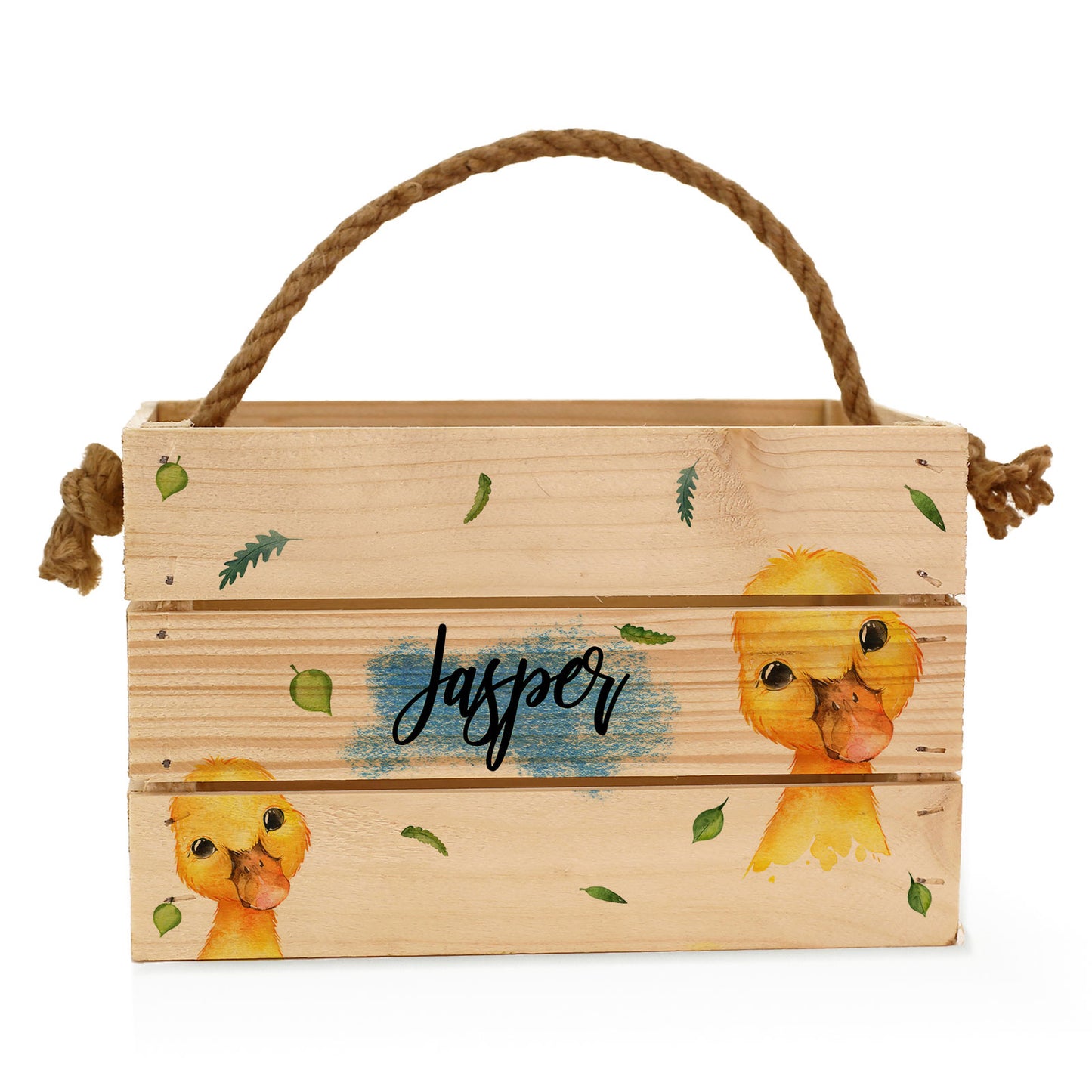 Personalisierter Osterkorb-Geschenkkorb mit Enten und Blättern