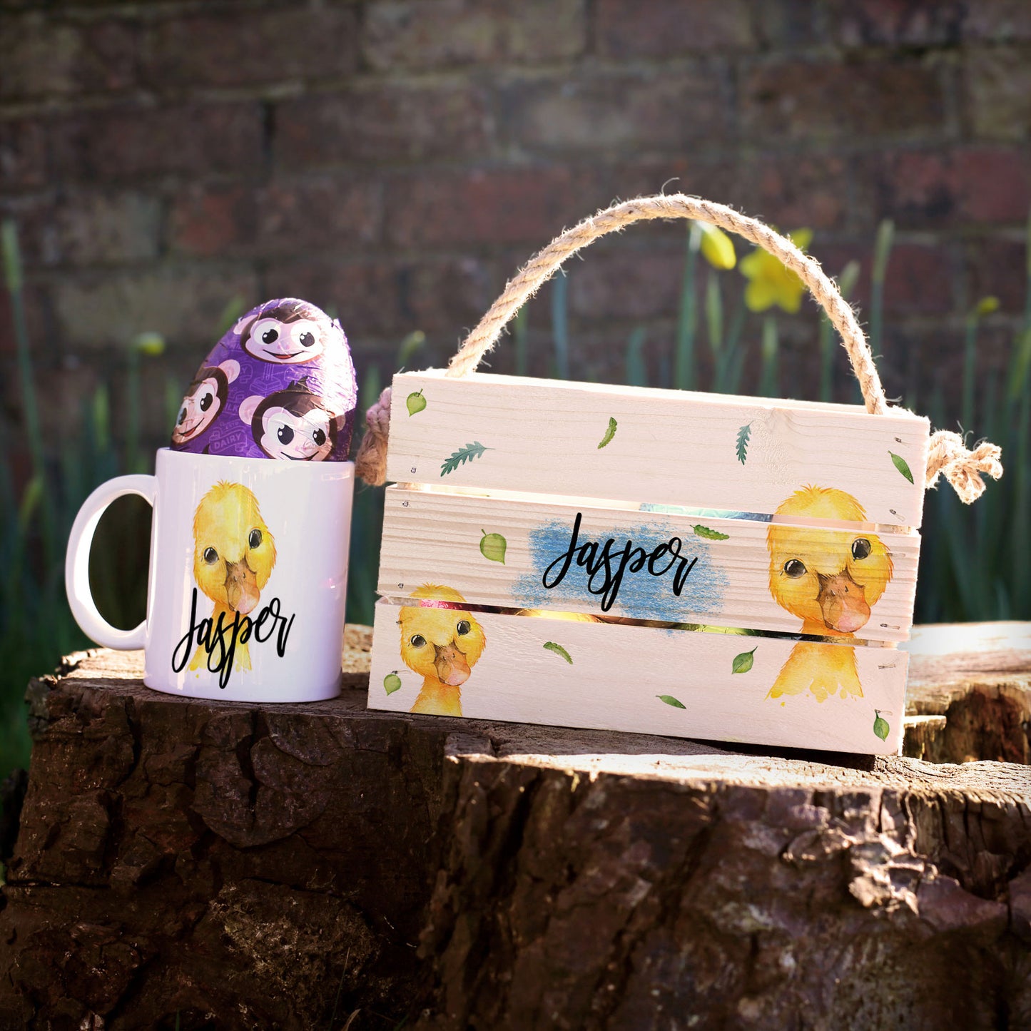 Personalised Easter Basket Gift Hamper with Ducking and Leaves