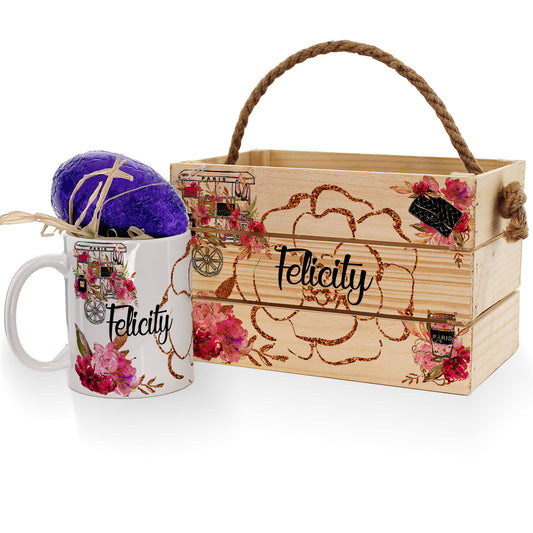 Personalisierter Osterkorb-Geschenkkorb mit goldenen und rosa Blumen