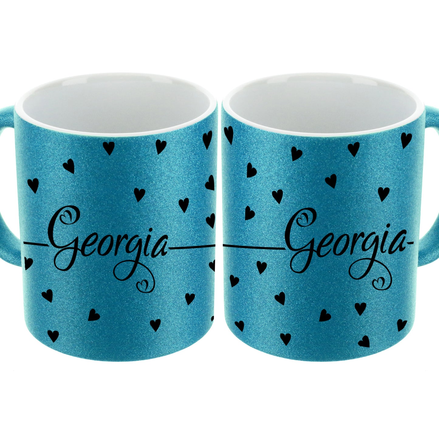Personalised Glitter Mug with Heart Accented Text with Mini Hearts