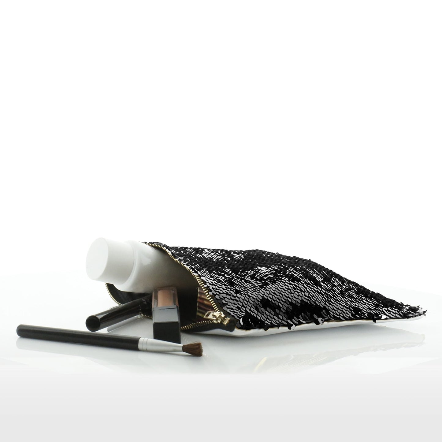 Personalisierte Pailletten-Reißverschlusstasche mit schwarz-weißen Dachsblättern und süßem Text